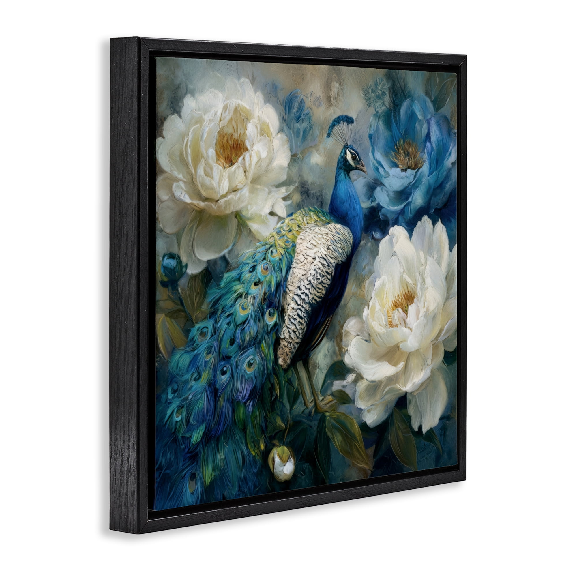 Stupell Industries Pretty Peony Peacock Black Framed Floater Canvas Wall Art, design by Tina LeCour