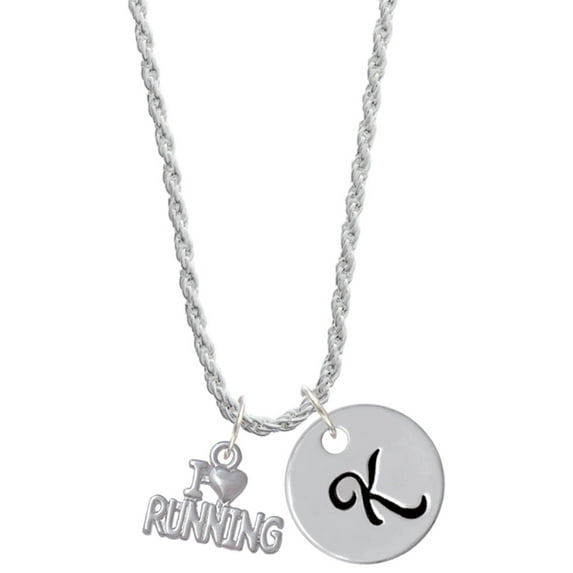 Delight Jewelry I 'Heart' Running Silvertone Script Initial Disc - K - Charm Necklace, 20"+3"