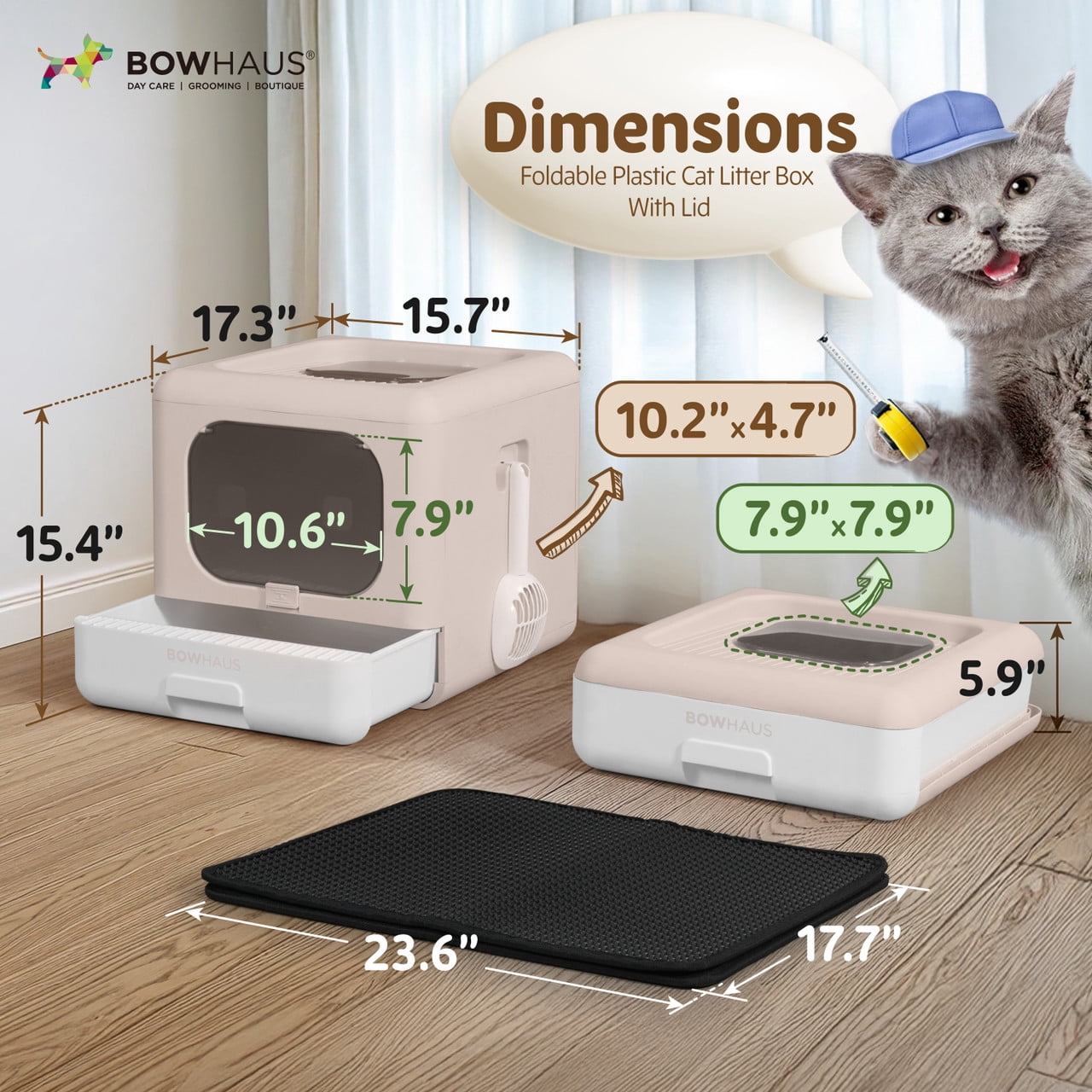 CAPHAUS Foldable Cat Litter Box with Lid for Kitten, Two-Way Entry & Exit Small Cat Box with Scoop, Cat Mat and Odor Fitter, Drawer Type Litter Pan for Easy to Clean, Beige