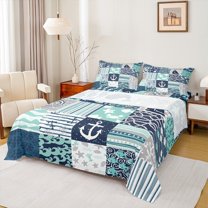 Feelyou Kawaii Whale Starfish Full Size Sheets for Kids, Cartoon Nautical Anchor Bed Sheets, Green Plaid Buffalo Sheet Sets, Luxury Bedroom Decor, 4 Pieces