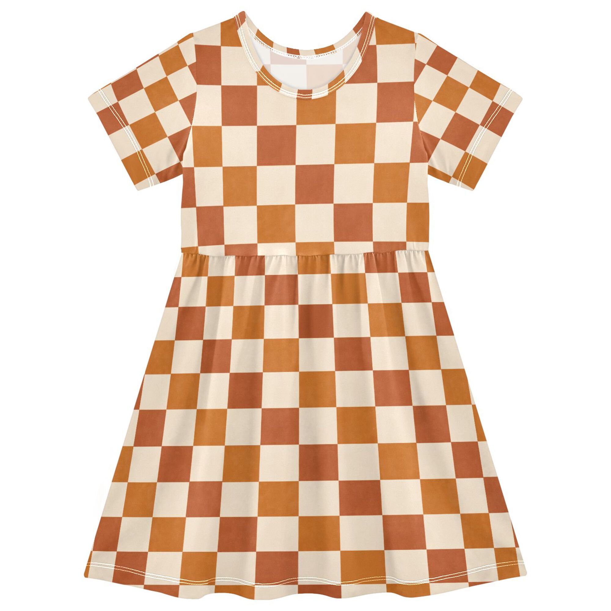 FORMRS Girls Short Sleeve Dress Summer Casual Round Neck A-line Beach Sundress, Sizes 2T-8T, Rusty Orange Plaid