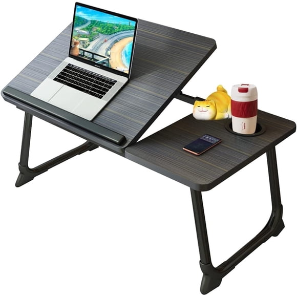 JERZOU Mesa Plegable Soporte para Laptop con Portavasos y Diseño con Ranura Inclinación Ajustable de 5 Niveles Soporte Plegable Escritorio Portátil para Comer Escribir