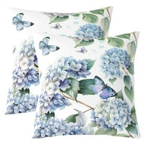Girls Ombre Floral Set of 2 Pillow Covers 18x18 Inch,Blue Hydrangea Flowers Cushion Covers,3D Butterflies Throw Pillow Covers,Summer Garden Rustic Theme Decorative Accent Pillow Cases,Bedroom Decor