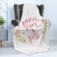 thumbnail image 4 of Saying Soft Flannel Fleece Throw Blanket, Peace Love and Joy Calligraphic Xmas Text with Winter Berries Wreath, Cozy Plush for Indoor and Outdoor Use, 70" x 90", Dark Coral Yellow Green, by Ambesonne, 4 of 5