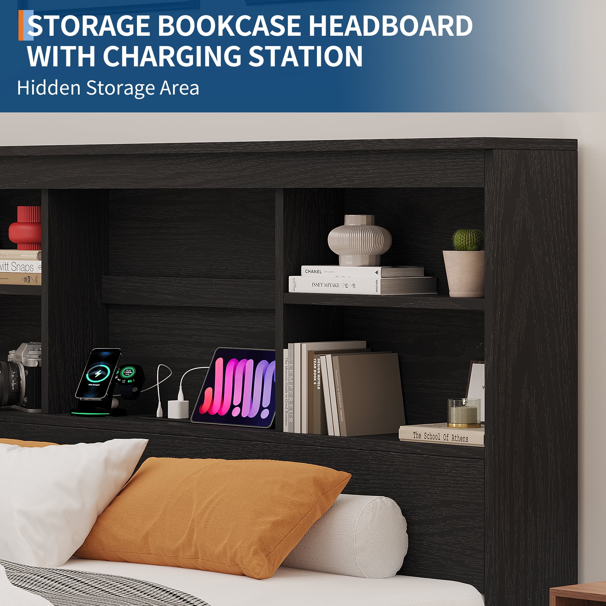 Full Size Bed Frame with Storage Headboard, Metal Frame Platform Bed, Built-in Charging Station, No Box Spring Needed, Noise-Free