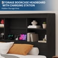 thumbnail image 1 of Cadre de Lit en Bois Format Grand avec Tête de Lit Bibliothèque de Rangement, 4 Tiroirs, Station de Recharge Intégrée, Plateforme en Métal Robuste, Sans Bruit, Aucun Sommier Requis - Grain de Bois Noir, 1 of 8