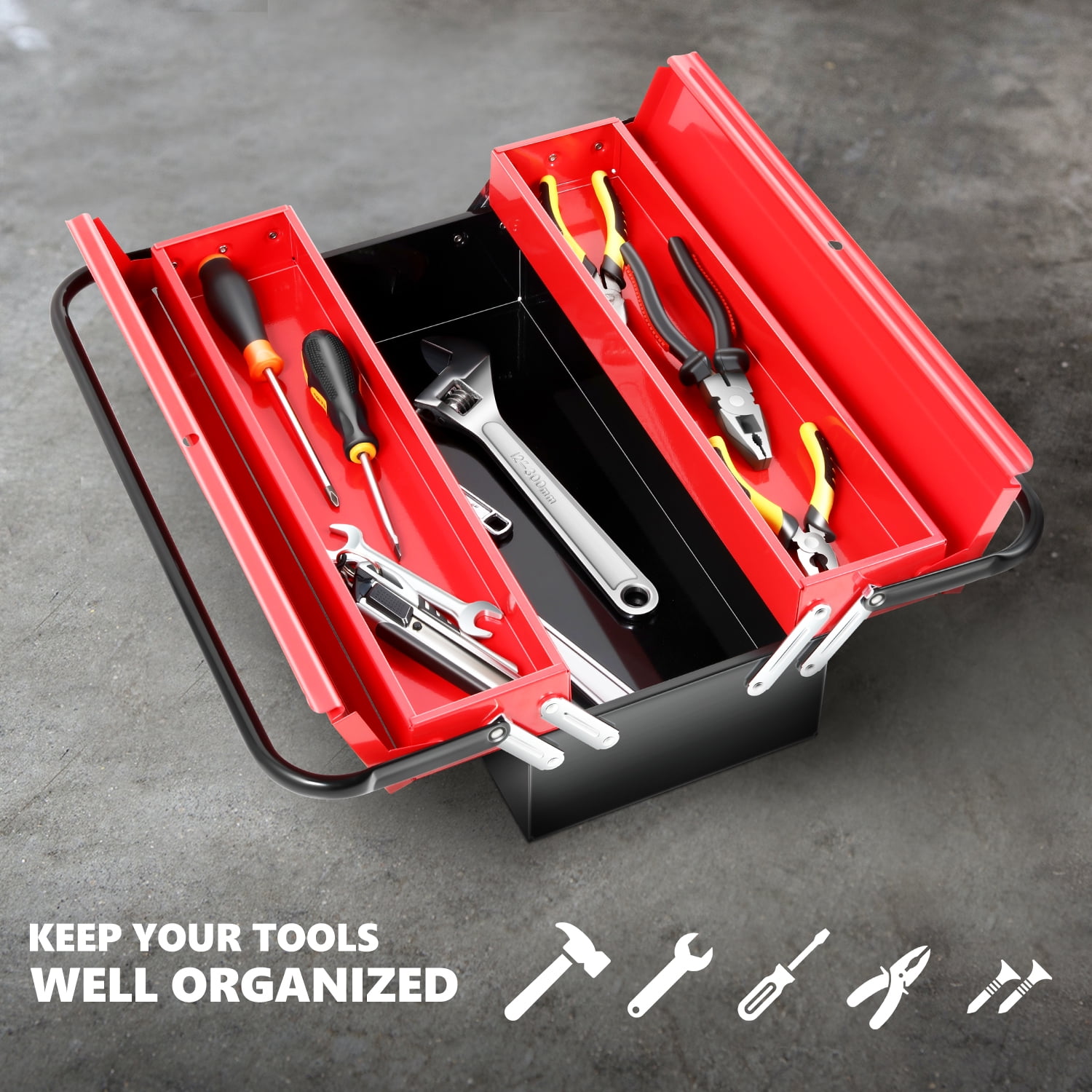 DNA Motoring TOOLS-00410 Red 18" 2 Level Multi-Function Foldable Repair Tool Box Storage With Lock Hole + Drawers + Handle