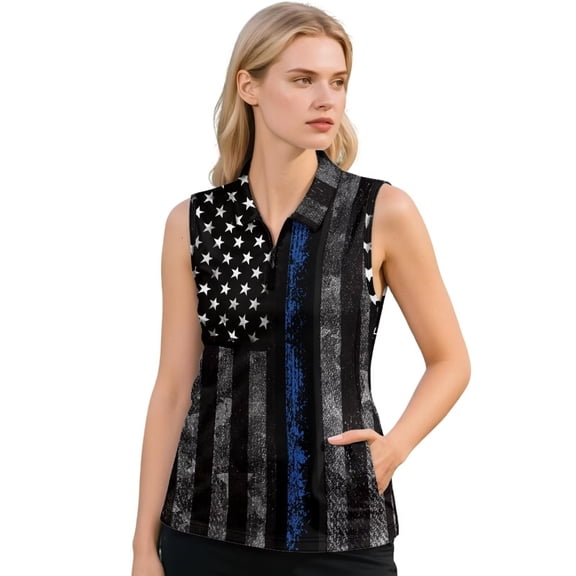 KEIAHUAN American Flag Women Golf Tank Tops with Pockets Comfortable Smooth Racerback Athletic Sleeveless Shirts Washable Soft Tennis Tank Tops with Quarter Zip Size XS