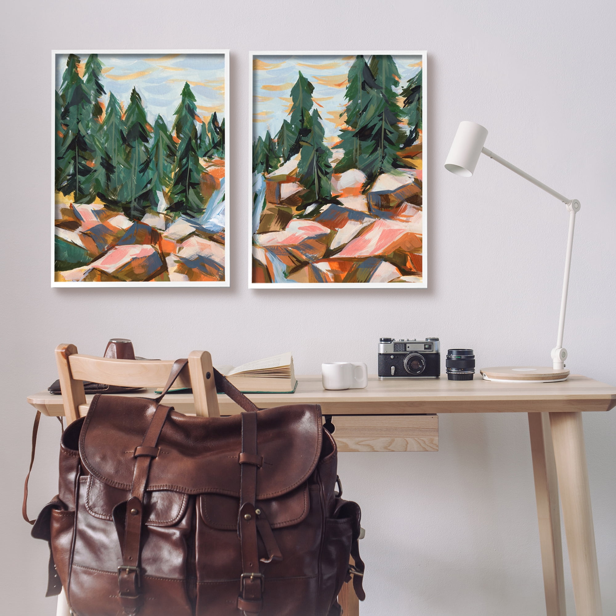 Stupell Geometric Abstract Forest Foliage Landscape Landscape Painting White Framed Art Print Wall Art, Set of 2