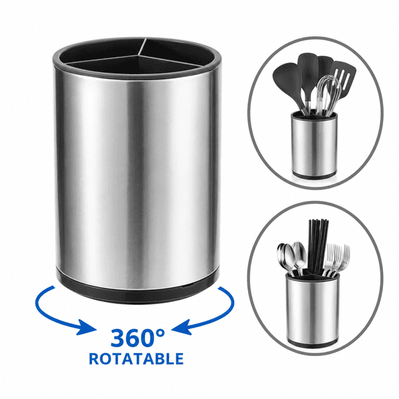 360° Rotating Organizer, Stainless Steel Utensil Holder Countertop, Spoon Holder for Kitchen Counter, Kitchen Utensils Holder, Spatula Holder, Spoon and Fork Organizer, Utensil Drawer Organizer