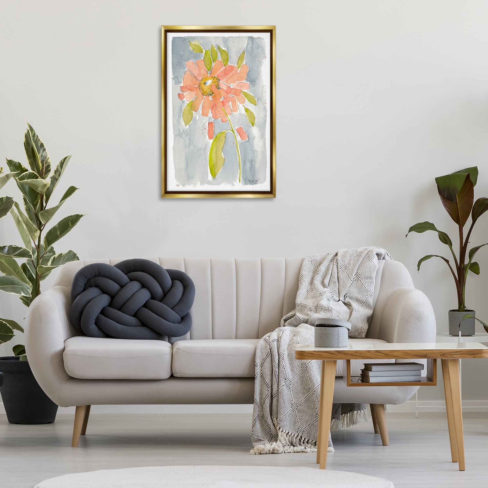 Stupell Industries Abstract Peach Dahlia Botanical & Floral Painting Gold Floater Framed Art Print Wall Art, 21 x 31