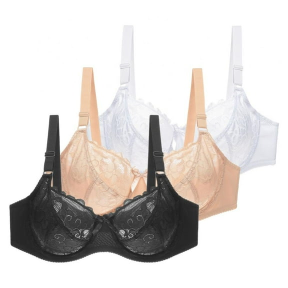3 Pack Women's Scalloped Lace Bra Embroidery Floral Bralette Underwire Minimizer Bras Unlined 3/4 Cups Bra Non-Padded Plus Size Sexy Push up Brassiere Lingerie(Black&Beige&White,40/90E)