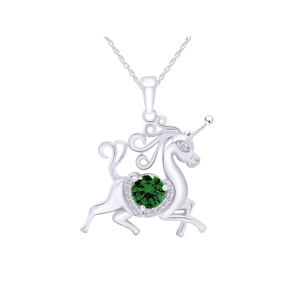 AFFY Round Cut Simulated Emerald & White Cubic Zirconia Unicorn Horse Pendant Necklace In 14K White Gold Over Sterling Silver