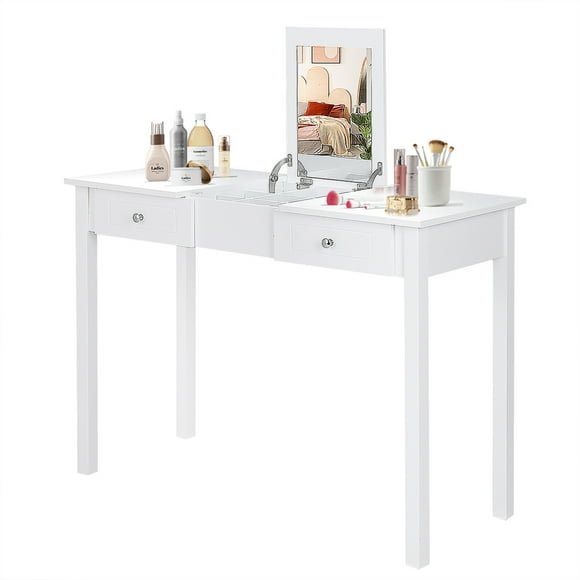 Costway Vanity Table Dressing Table Flip Top Desk Mirror 2 Drawers White