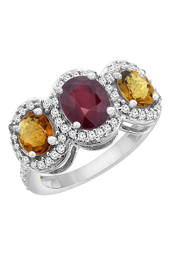 10K White Gold Natural HQ Ruby & Whisky Quartz 3-Stone Ring Oval Diamond Accent, size 10