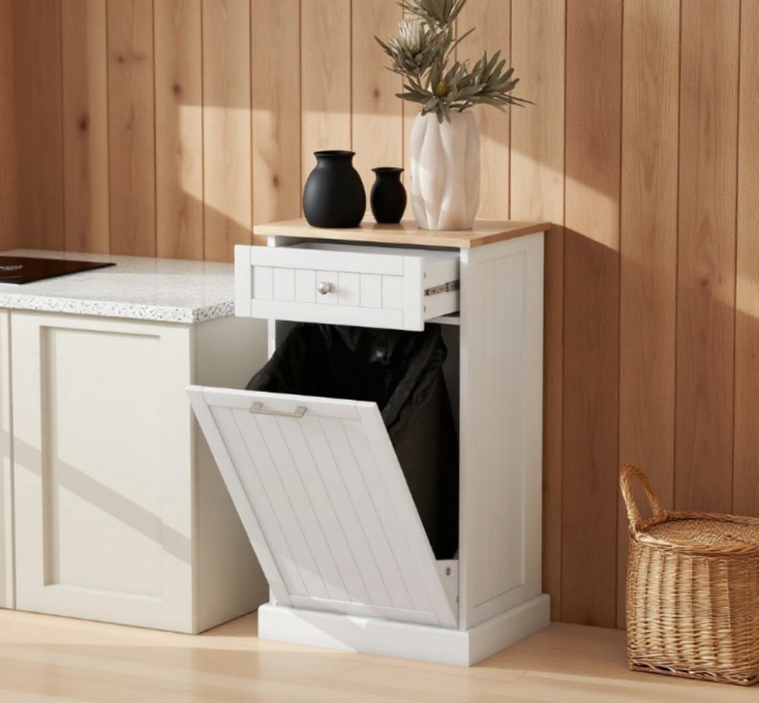 Kitchen Hidden Bin Cabinet, Tilt Out Trash Cabinet with Drawer, Freestanding Garbage Can Holder, Recycling Bin Storage, Pet Proof Design, Cream White