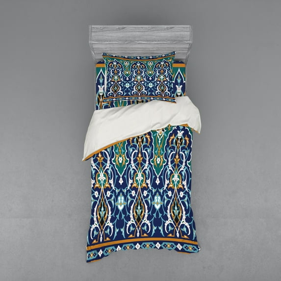 Ambesonne Oriental Bedding Set 3 Pcs, Hippie Tribals, Twin, Blue Mustard