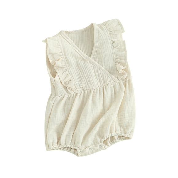 Sylvamorning 3M 6M 12M 24M Newborn Baby Girls Cotton Linen Bubble Romper Sleeveless Wrap V-neck Jumpsuit Solid Color Ruffles Onesie Bodysuit Infant Toddler Casual Clothes