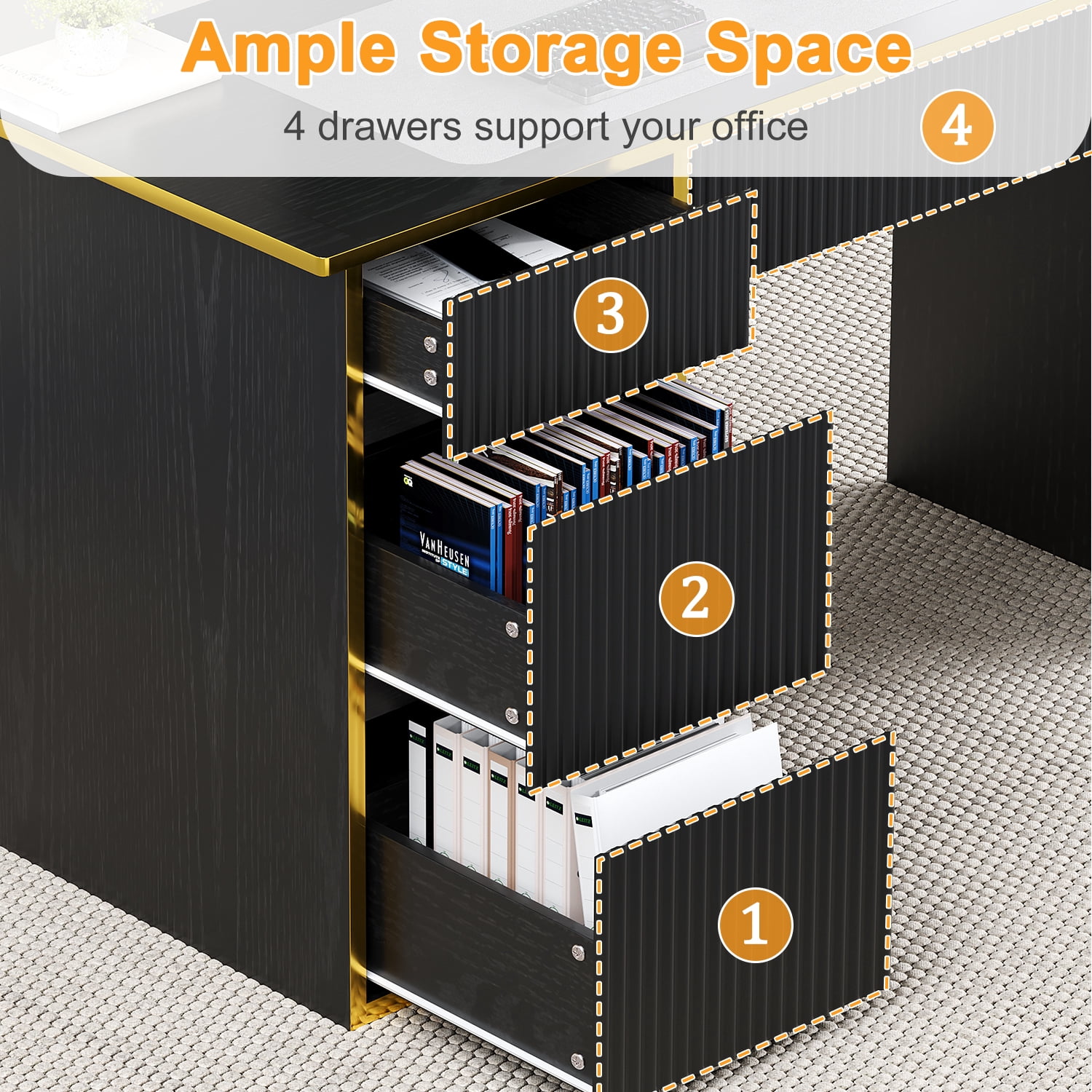 DreamCurship Computer Desk with 4 Storage Drawers, Home Office Desk with Storage, Writing Desk for Study, Modern Writing Table, Black and Gold Desk