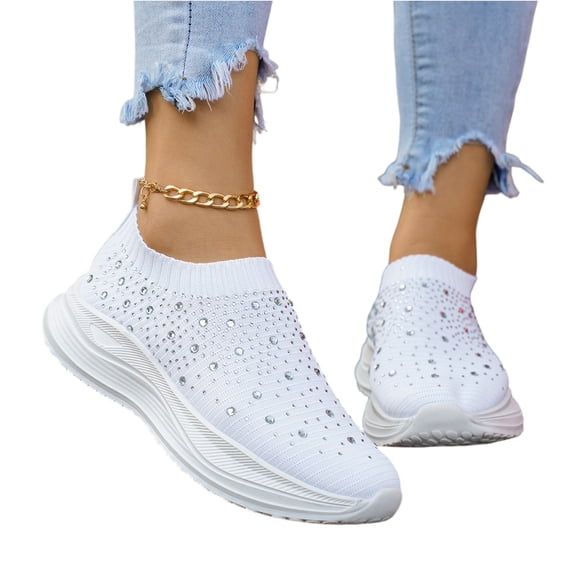 EKVAHL Slip On Sneakers for Women, Orthopedic Rhinestone Mesh Arch Support Walking Shoes, Lightweight Gym Dance Outdoor Daily Sneakers White