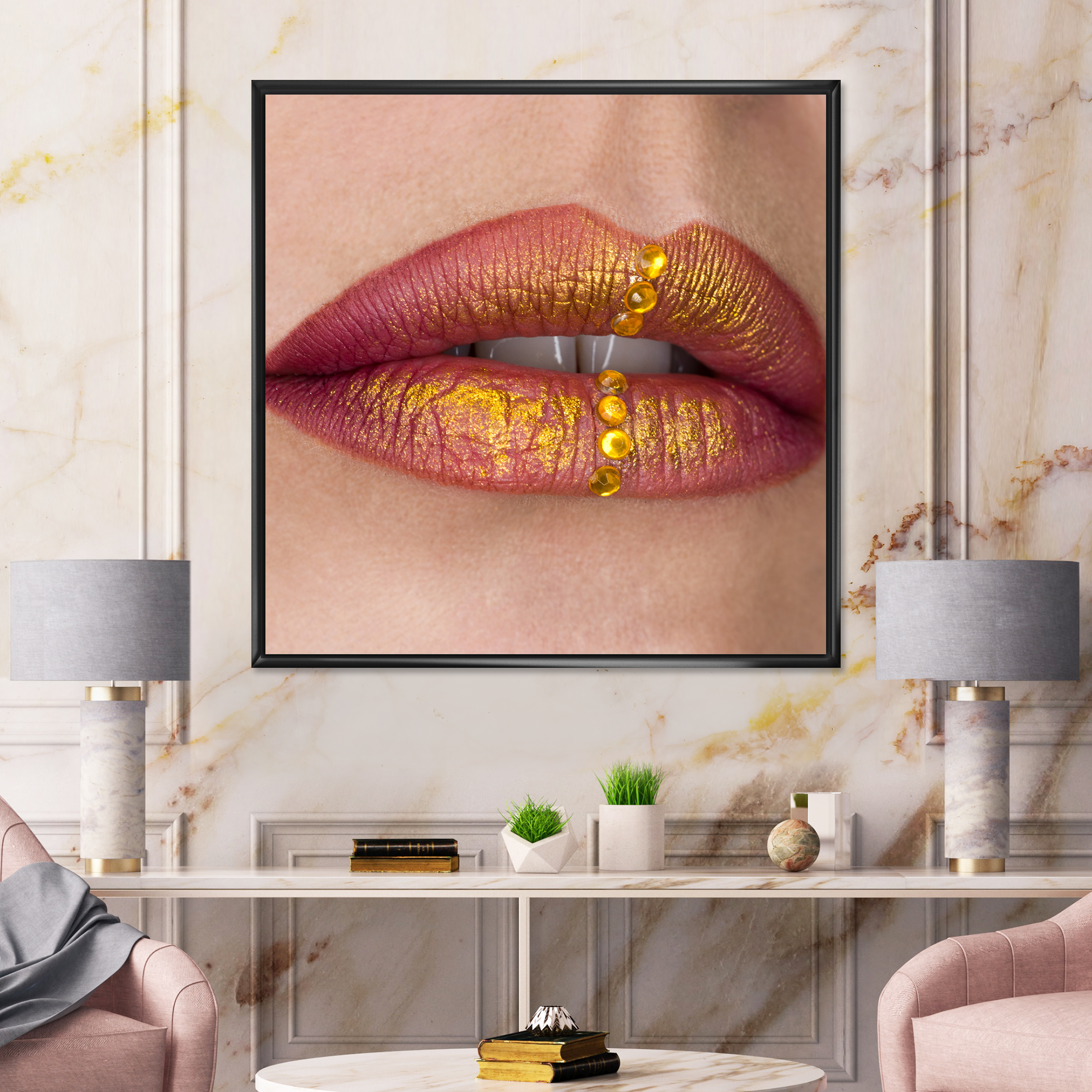 Designart 'Woman Lips Close-Up With Red Lipstick, Gold Paint' Modern Framed Canvas Wall Art Print