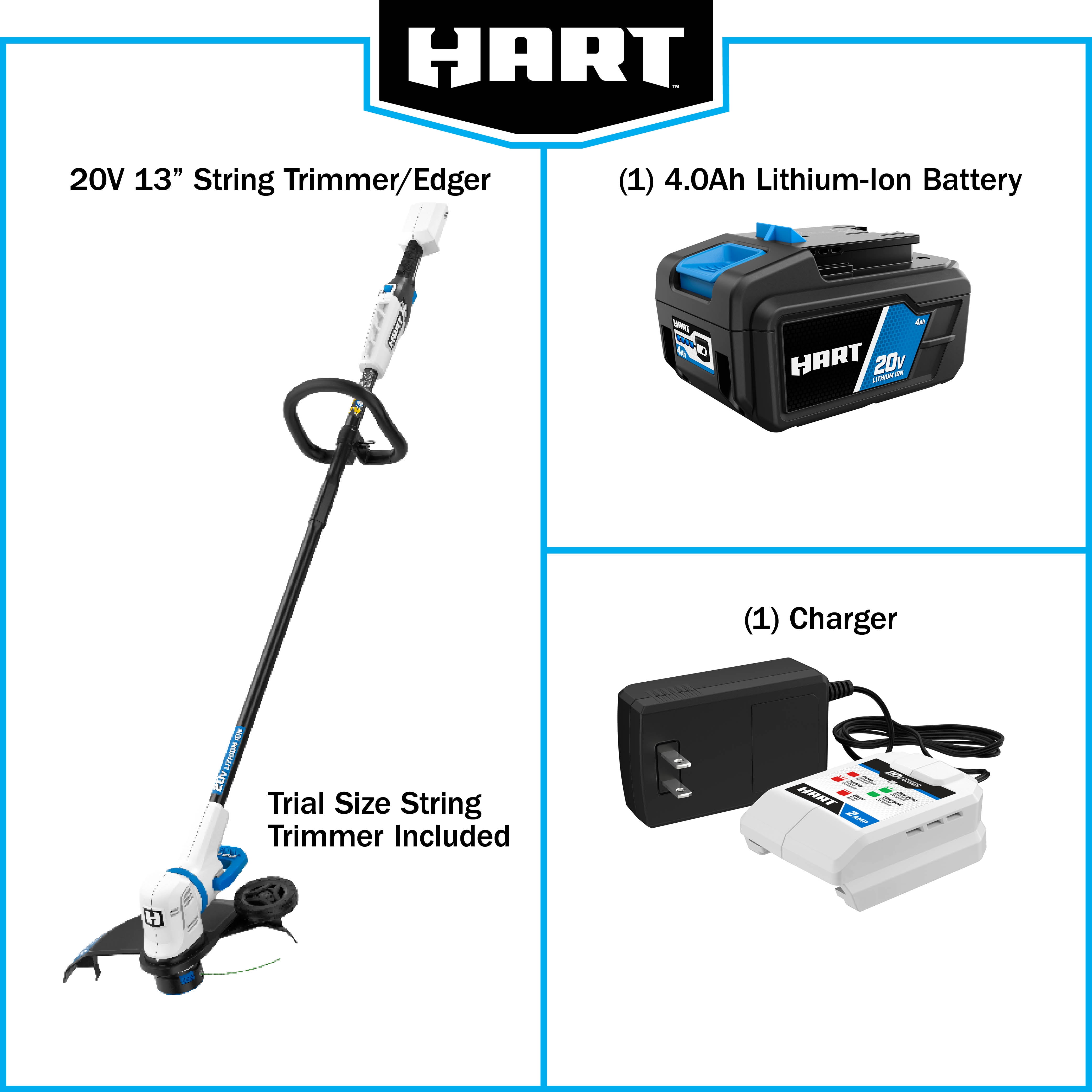 HART 20V 13" Straight Shaft String Trimmer/Edger (1) 20-Volt 4.0Ah Lithium-Ion Battery