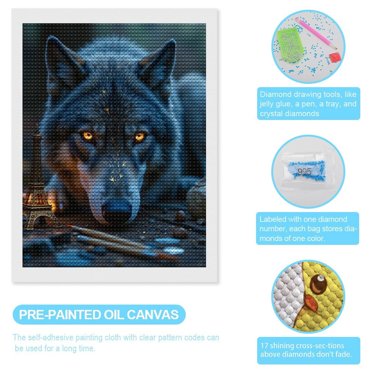 Diamond Art Kits for Adults, Wolf Glowing Eyes Eiffel Tower Art 5D Diamond Painting Kits for Adults Beginners, DIY Full Drill Diamond Painting, Gem Art and Crafts 12x16
