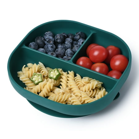 Babelio Suction Plates for Babies & Toddlers, Silicone Divided Baby Dish, Self Feeding Supplies for Highchairs, Tables, Travel, Camping, Dinner, Square Shape, BPA Free, Dishwasher, Oven Safe (Green)
