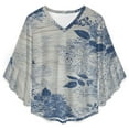 thumbnail image 4 of Blue Floral Wooden Design Women's V-Neck Blouse With 3/4 Ruffled Bell Sleeves Casual Top Ladies Blouses, 4 of 7
