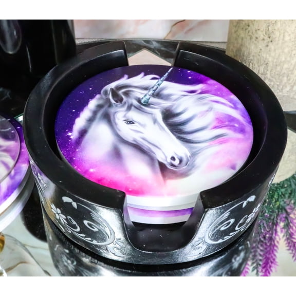 Indigo Night Sky Sacred Unicorn Floral Lace Coaster Set With 4 Ceramic Coasters