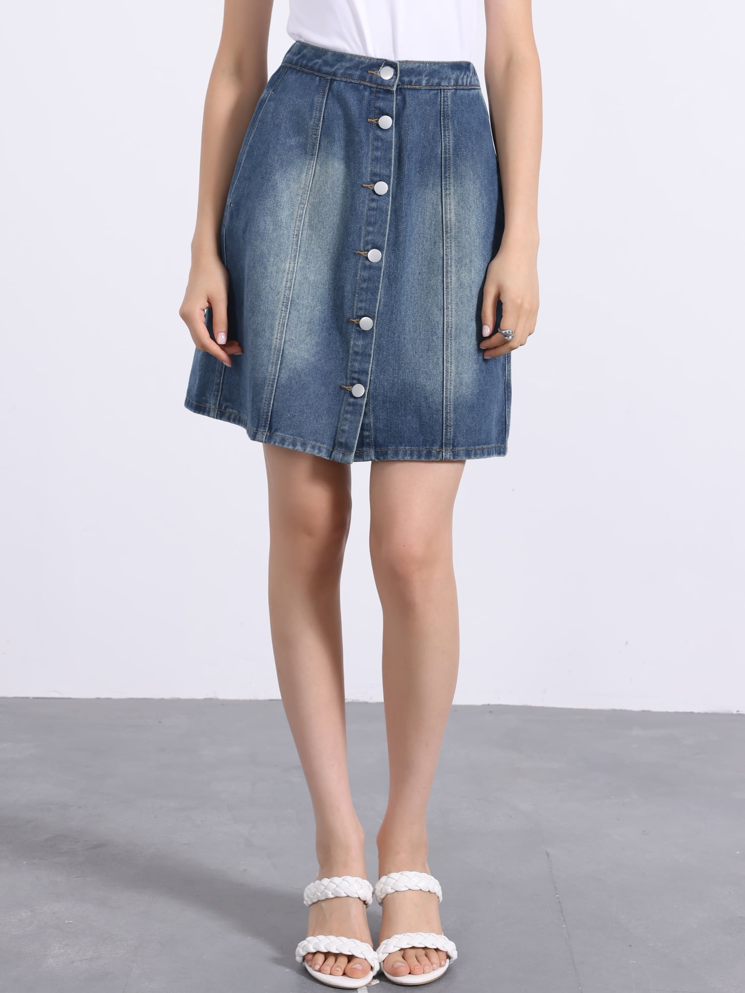 DARING DIVA Women's Summer Casual A-Line Short Button Down Jean Skirt M Retro Blue
