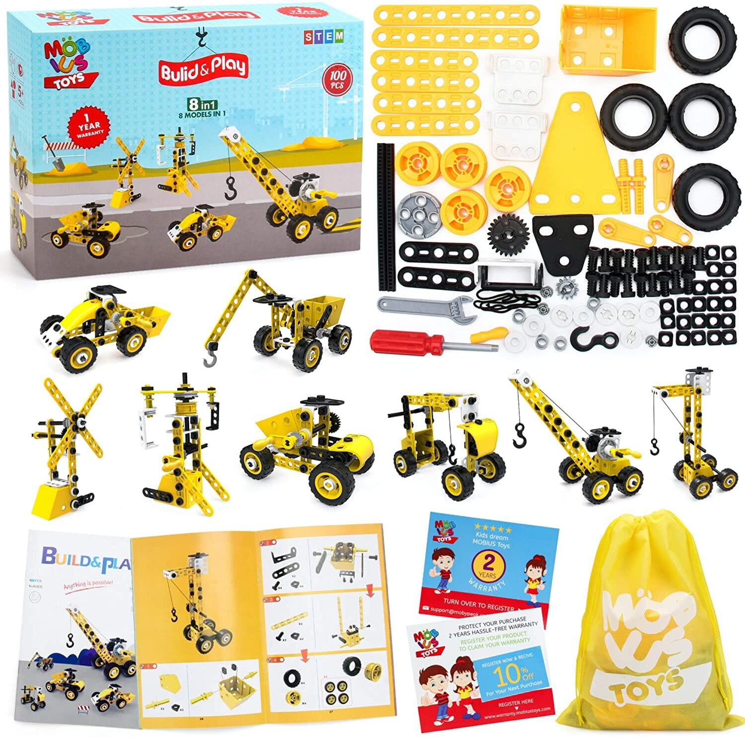 STEM Toys Kids Building Toys – 100 Piece 8-in-1 DIY Learning Construction Toy, Best Educational Kids Building Toys for Boys and Girls Mechanical Engineering Set Gifts for Ages 5 6 7 8 9 + Years Old