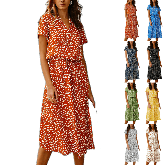 Midi Dresses for Women V Neck Short Sleeve Loose Summer Casual Office Beach Polka Dot Botton Dress