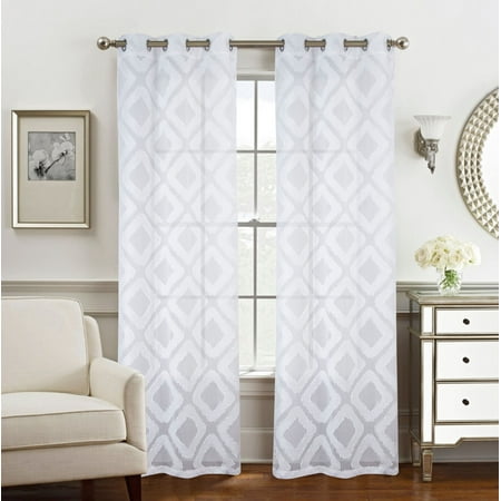 Grey & White Curtains Olivia Gray Daniella Diamond Clipped Doily 76 x 84 in. Grommet Curtain Panel Pair in White (Set of 2) ()