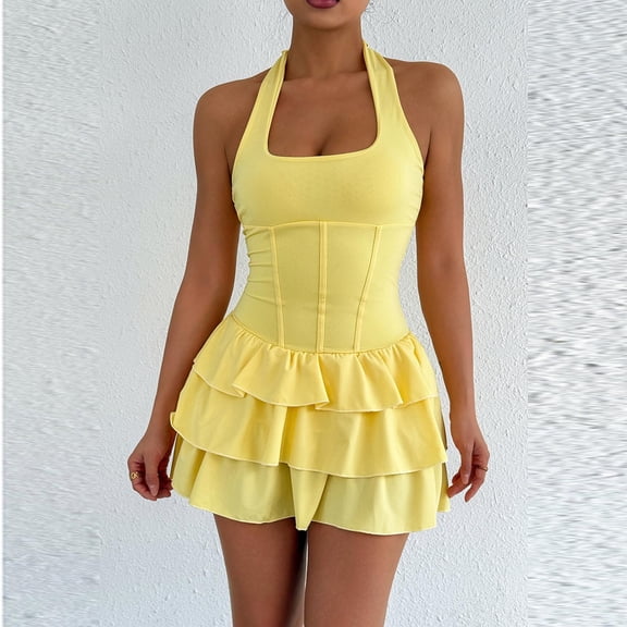 Gamivast Corset Dress for Women Fitted Halter Neck Mini Dress Sleeveless Skater Dress Layered Ruffle Tiered Hem for Party Night Out Club