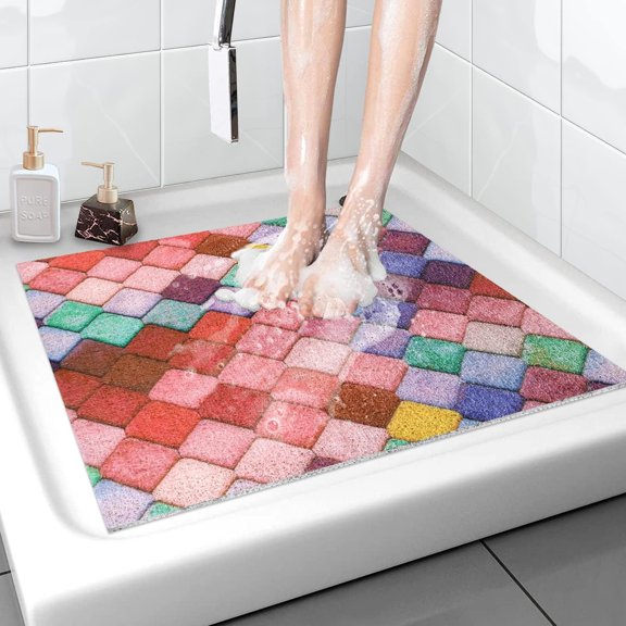 Shower Mat Non-Slip, 24x 24 Inch Square, Soft Comfort Bath Mats with Drainage Holes, PVC Loofah Massage Floor for Shower, Bathroom, Wet Areas, Quick Drying