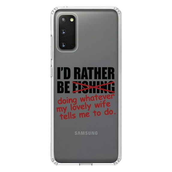 DistinctInk Clear Shockproof Hybrid Case for Galaxy S20 / S20 5G (6.2" Screen) - TPU Bumper Acrylic Back Tempered Glass Screen Protector - I'd Rather Be Fishing Whatever My Wife Tells Me