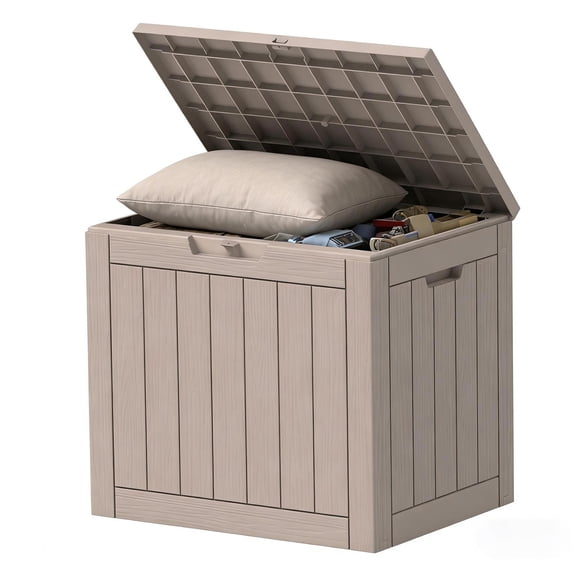 Decksplore 35 Gallon Resin Deck Box, Waterproof All-Weather Storage & Side Table, Lockable Bin for Patio Cushions, Pool Accessories (Light Brown)