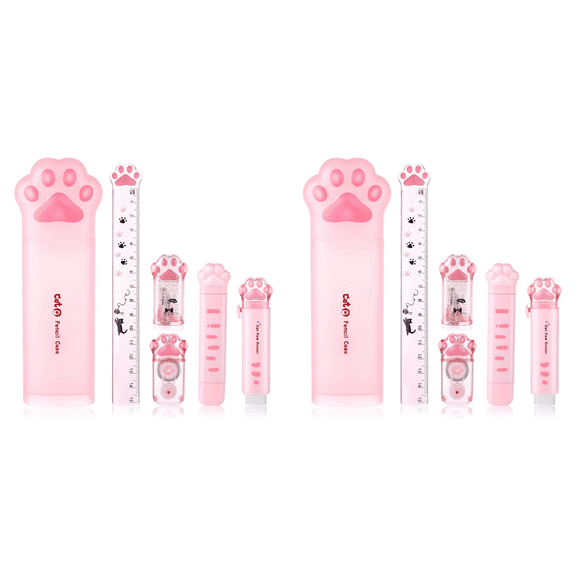 Cute Cat Stationery Set, 12 Pcs Kawaii Stationary Kit Pencil Sharpener Retractable Eraser Correction Tape Ruler