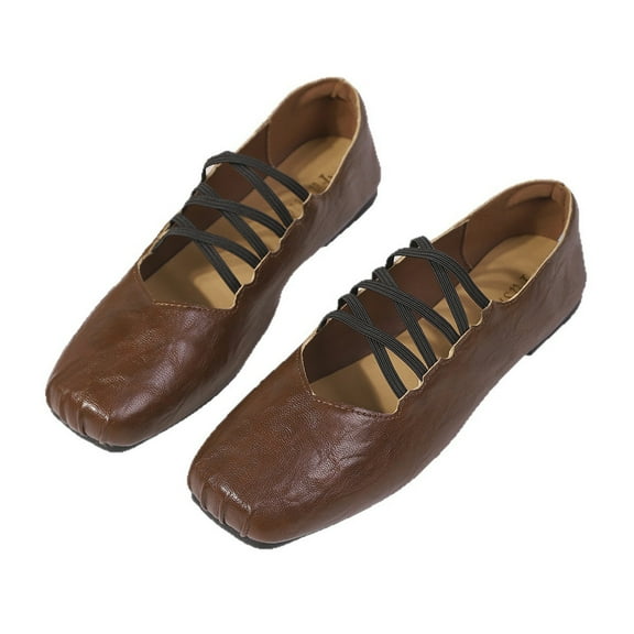 KEGIRLOM Women Fashionable Casual Square Toe Strap Comfortable And Versatile Solid Color Flat Sole Shoe Brown Size 7.5