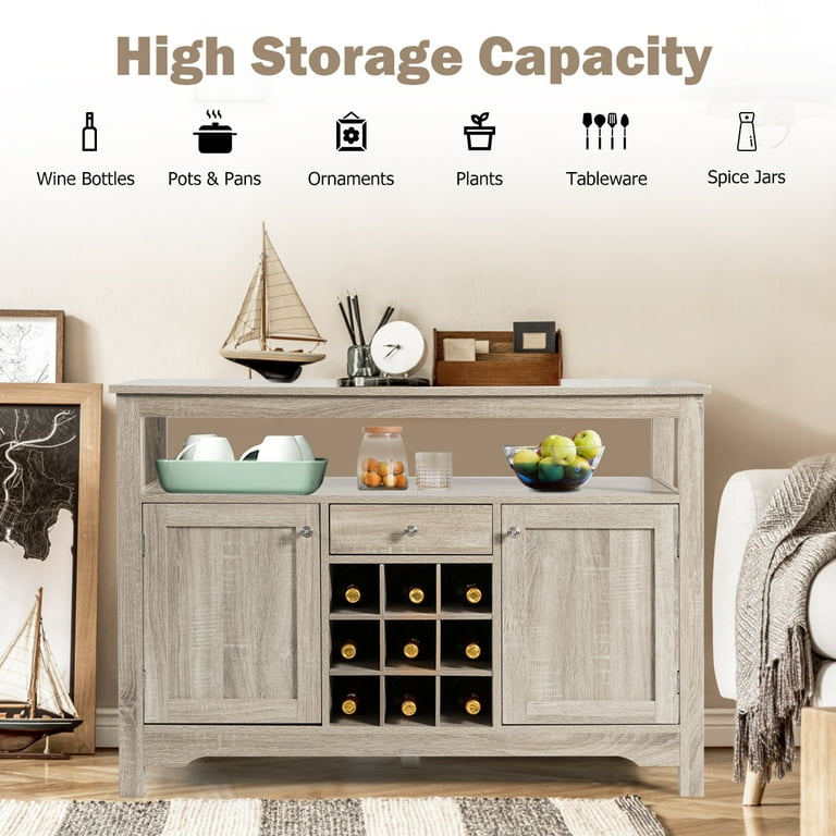 Giantex Buffet Server Sideboard Console Table Wood Dining Table Cupboard Table with 2 Cabinets 1 Drawer and 9 Wine Cabinets Storage Organizer