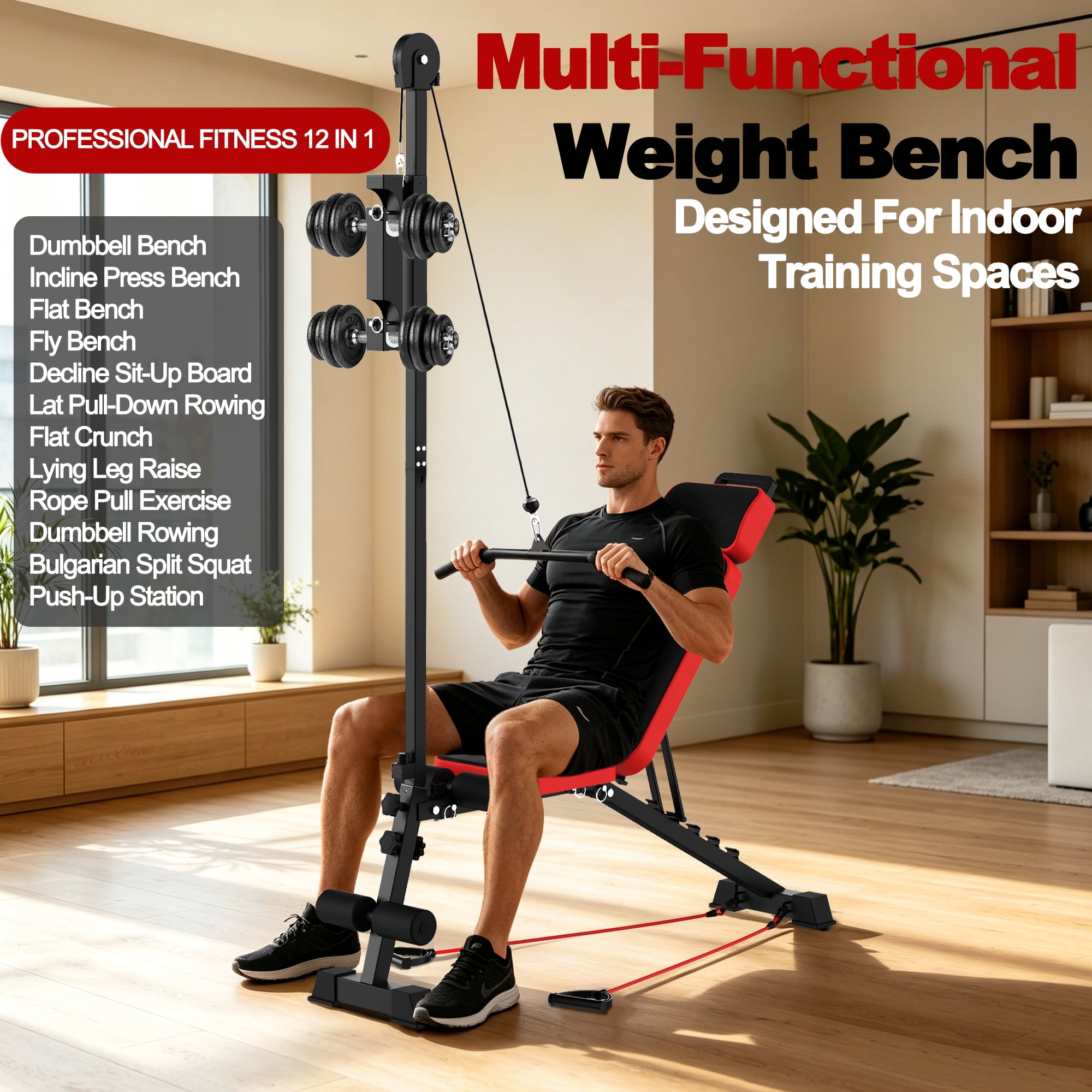 Weight Bench with Pulley System and Adjustable Backrest, Multi-Functional Home Gym Workout Bench and Strength Training Equipment, Black