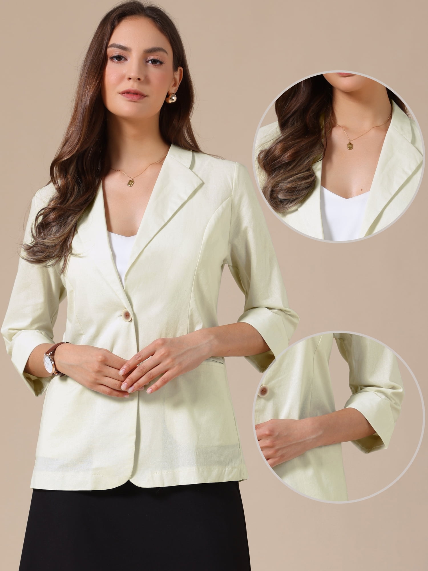 DARING DIVA Women's Cotton Linen 3/4 Sleeve Lightweight Jacket Blazer XS Beige