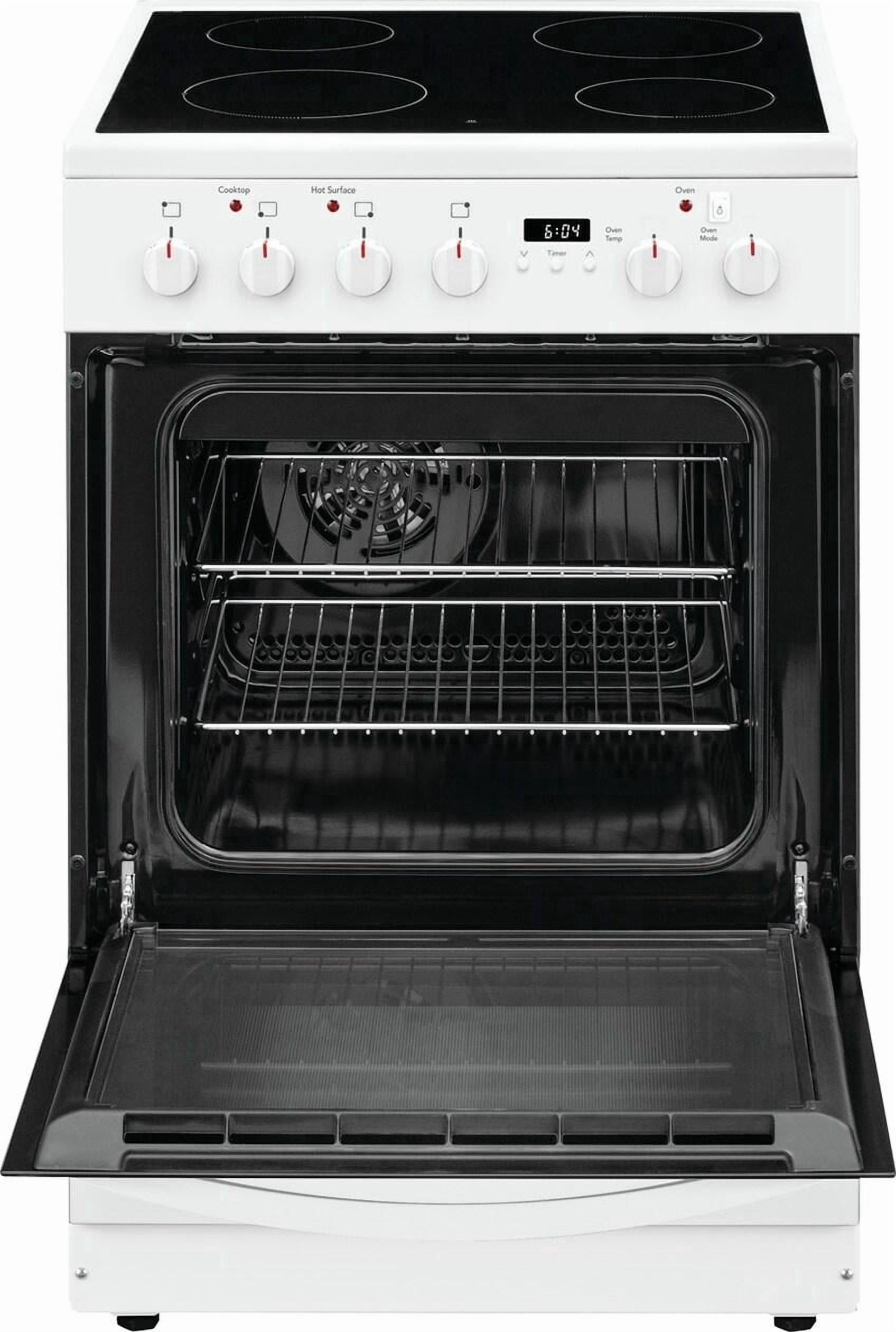 Frigidaire FCFE2425AW 24'' Freestanding Electric Range with 4 Elements, Smoothtop Cooktop, Storage Drawer, Convection Oven, Viewing Window, Storage Drawer, in White