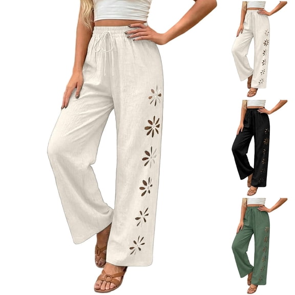CAIXIA Capris Pants for Women Cut Out Summer Casual Loose Flowy High Waisted Smocked Palazzo 2026 Lounge Beach Cropped Trousers