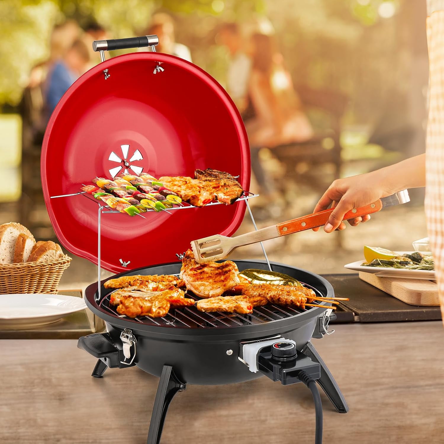 ROVSUN Tabletop Electric Grill with Temperature Control, Double Layer Design, 304 stainless, Portable Removable -Perfect Small Stove for Indoor and Outdoor BBQ, 1600W, Black