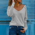 thumbnail image 1 of T-shirts Gris pour Femmes Mode Printemps Col en V Rayé Blouse Ample Imprimée Patchwork Manches Longues, 1 of 4
