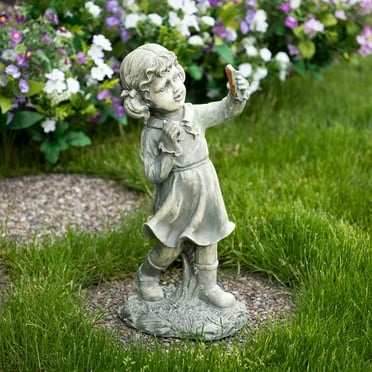 Northlight 18" Distressed Gray Girl with Cell Phone Solar Powered LED Lighted Outdoor Patio Garden