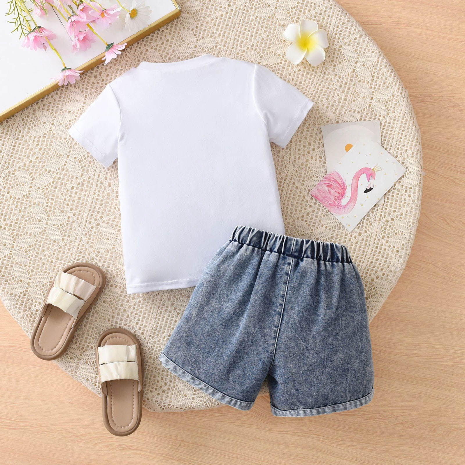 newwalpole Toddler Baby Girl Clothes Summer Floral Print Short Sleeve Tee Shirt Jeans Shorts Cute Outfit Girls Clothing Set White for Size 6-7 Years