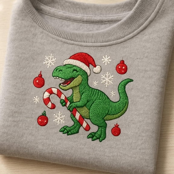 Christmas T-Rex Embroidered Sweatshirt, Funny Dino Candy Cane Shirt, Cute Xmas Dinosaur Hoodie, Holiday Gift for Kids/Adults